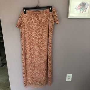 Pink/ peach lace overlay off the shoulder dress